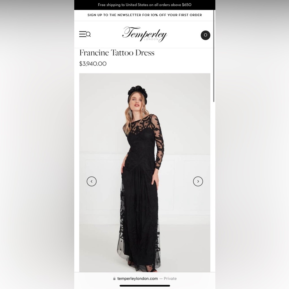 NEW WITH TAG. Temperley London Francine Gown black lace floor length sheer